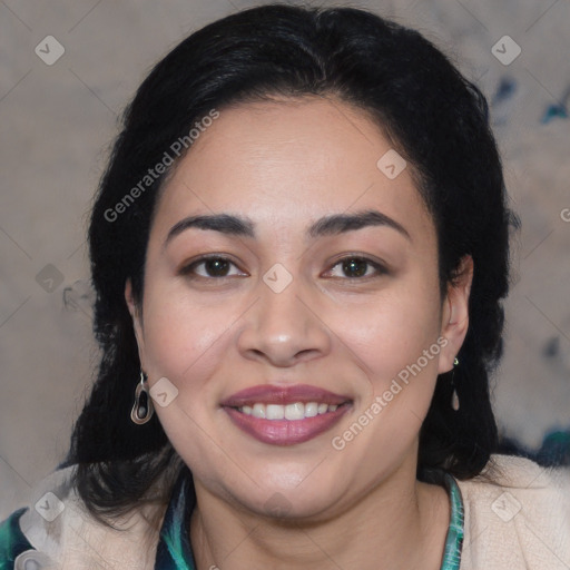 Joyful latino young-adult female with medium  brown hair and brown eyes