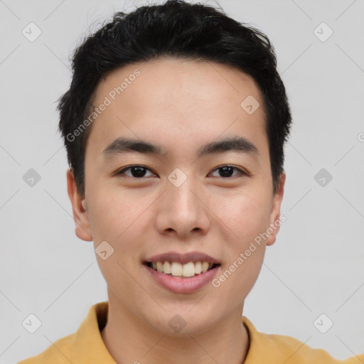 Joyful asian young-adult male with short  brown hair and brown eyes