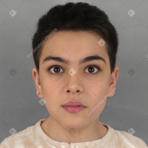 Neutral white young-adult female with short  brown hair and brown eyes