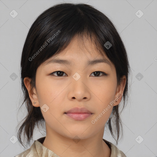 Neutral asian young-adult female with medium  brown hair and brown eyes