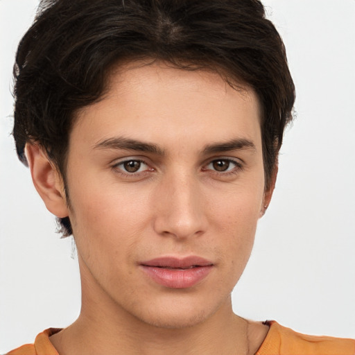 Neutral white young-adult female with short  brown hair and brown eyes