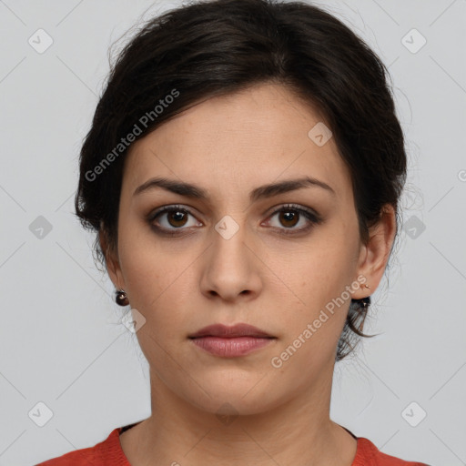 Neutral white young-adult female with medium  brown hair and brown eyes