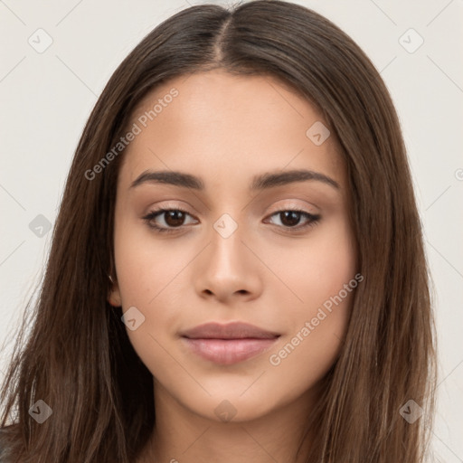 Neutral white young-adult female with long  brown hair and brown eyes