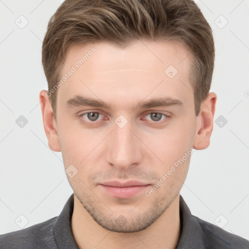 Neutral white young-adult male with short  brown hair and brown eyes