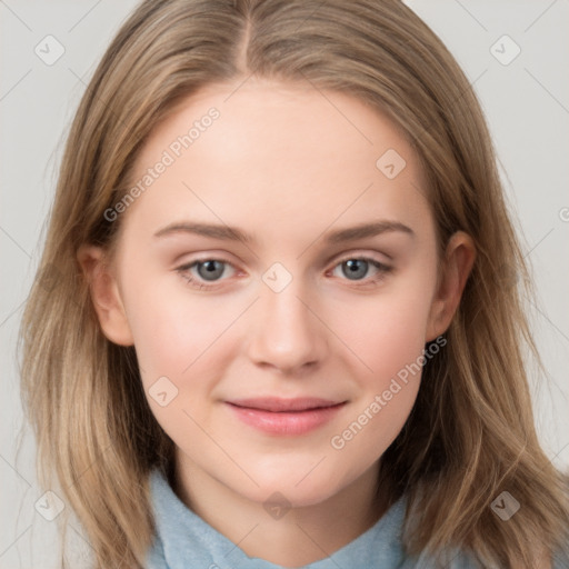 Joyful white child female with medium  brown hair and grey eyes