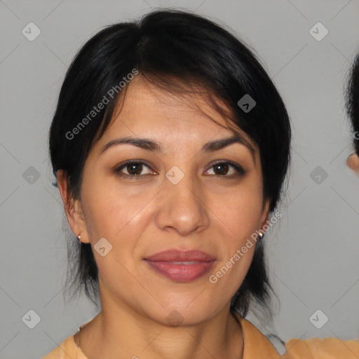 Joyful white adult female with medium  brown hair and brown eyes