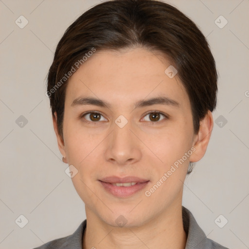 Joyful white young-adult female with short  brown hair and brown eyes