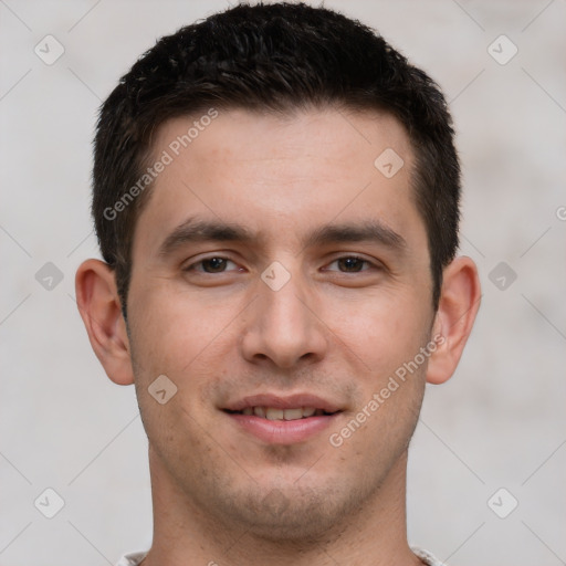 Joyful white young-adult male with short  brown hair and brown eyes