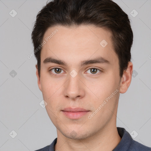 Neutral white young-adult male with short  brown hair and brown eyes