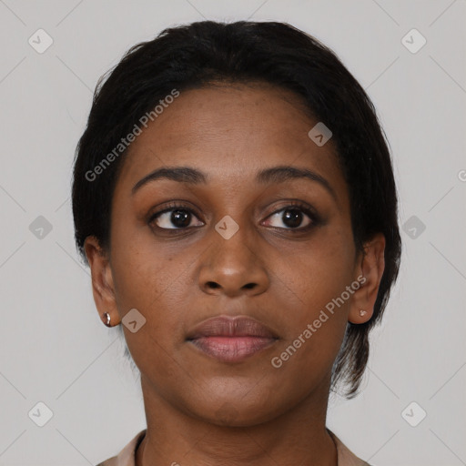 Neutral black young-adult female with short  brown hair and brown eyes