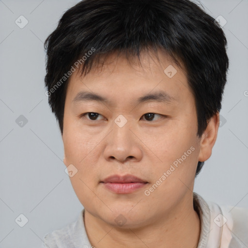 Neutral asian young-adult male with short  brown hair and brown eyes