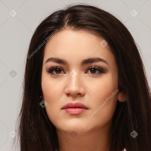 Neutral white young-adult female with long  brown hair and brown eyes