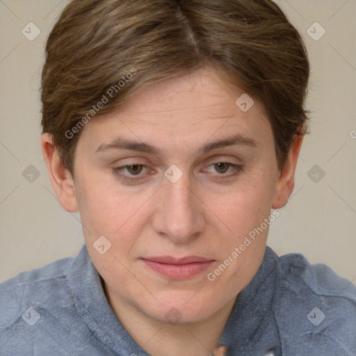 Joyful white adult female with short  brown hair and grey eyes