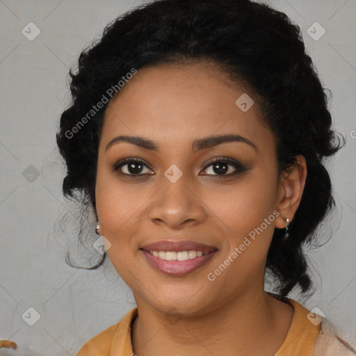 Joyful latino young-adult female with medium  black hair and brown eyes