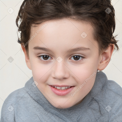 Joyful white child female with short  brown hair and brown eyes