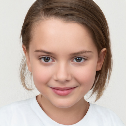 Joyful white child female with medium  brown hair and brown eyes