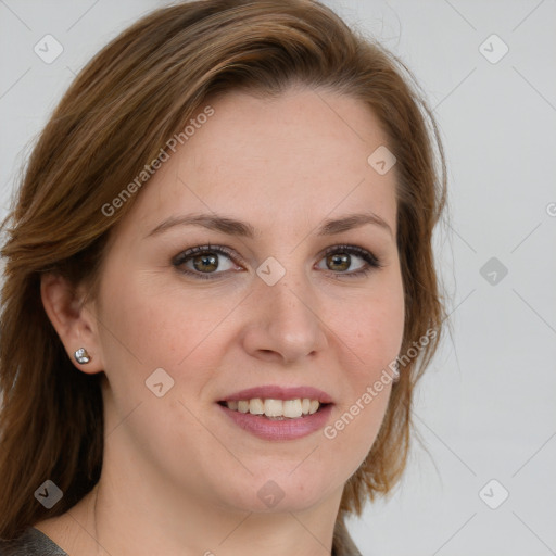 Joyful white young-adult female with medium  brown hair and blue eyes