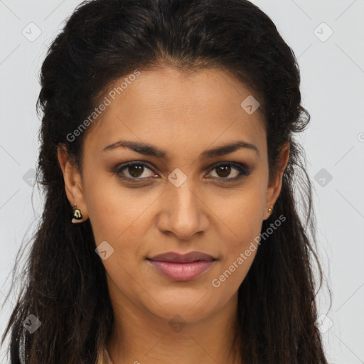 Joyful latino young-adult female with long  brown hair and brown eyes
