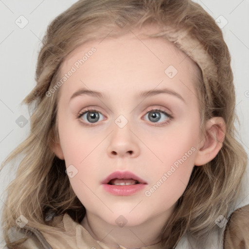 Neutral white child female with medium  brown hair and grey eyes