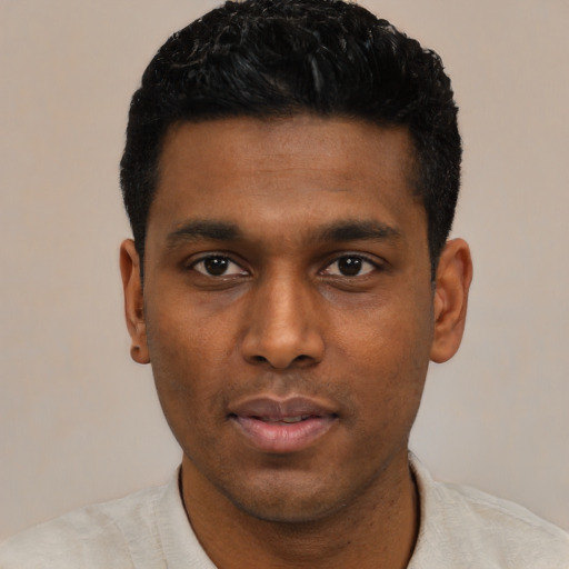 Neutral black young-adult male with short  black hair and brown eyes