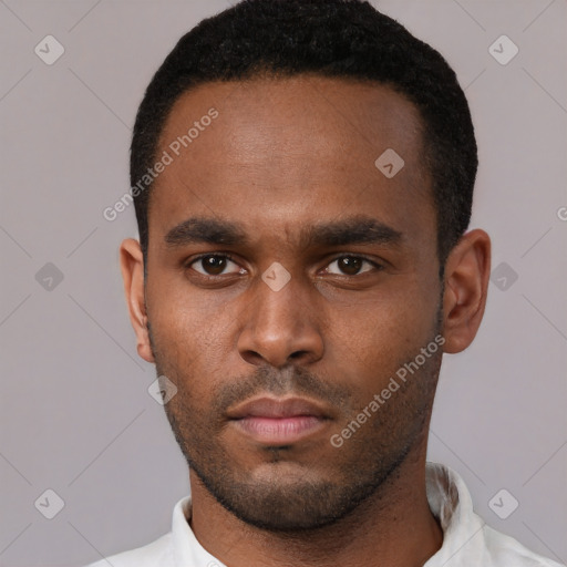 Neutral black young-adult male with short  black hair and brown eyes