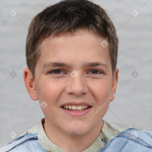 Joyful white child male with short  brown hair and brown eyes