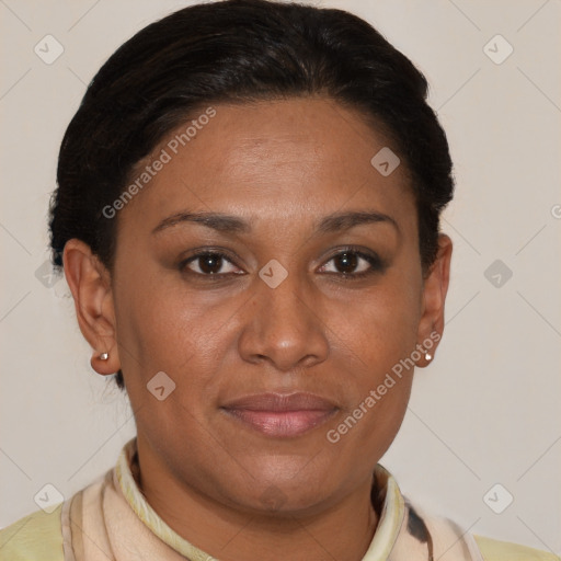 Joyful latino young-adult female with short  brown hair and brown eyes