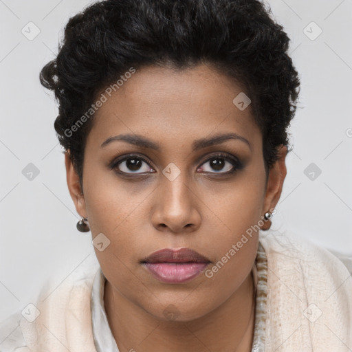 Joyful black young-adult female with short  brown hair and brown eyes