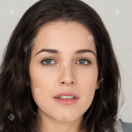 Neutral white young-adult female with long  brown hair and brown eyes