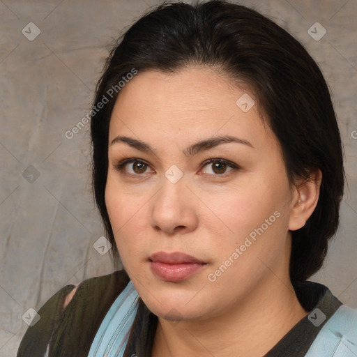 Neutral white young-adult female with medium  brown hair and brown eyes