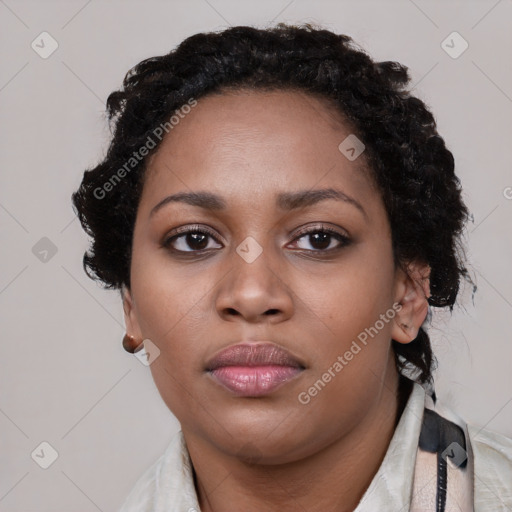 Neutral black young-adult female with short  black hair and brown eyes