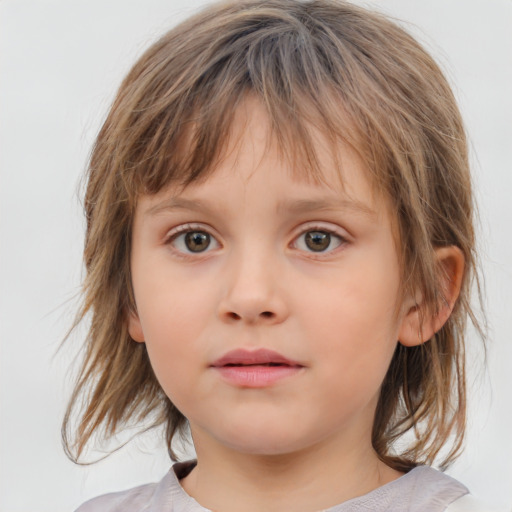 Neutral white child female with medium  brown hair and blue eyes