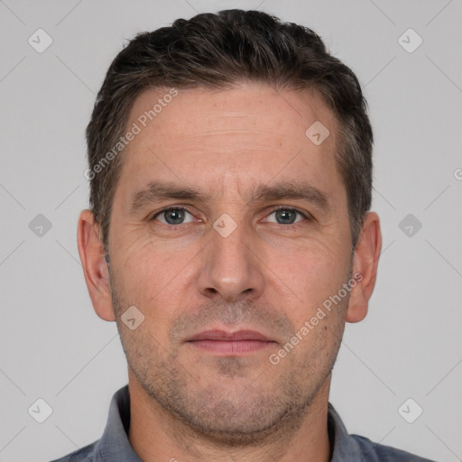 Neutral white adult male with short  brown hair and brown eyes