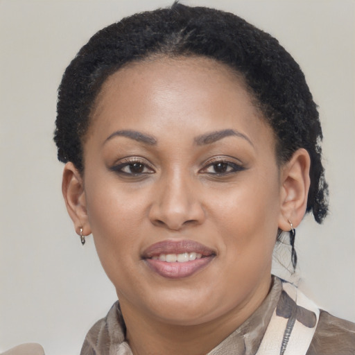 Joyful black young-adult female with short  brown hair and brown eyes