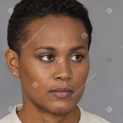 Neutral black young-adult female with short  brown hair and brown eyes