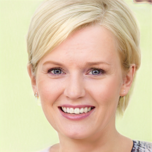 Joyful white young-adult female with medium  blond hair and blue eyes