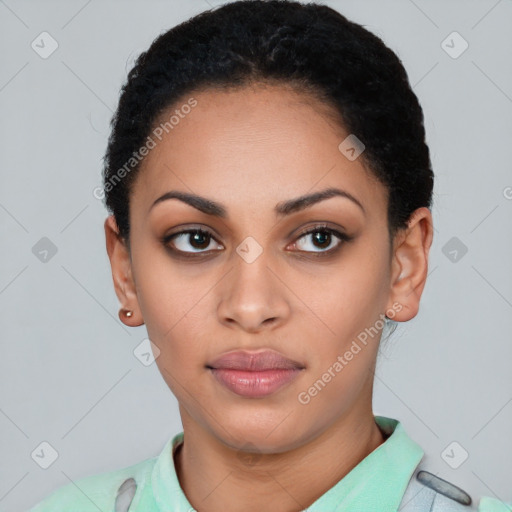 Joyful latino young-adult female with short  black hair and brown eyes