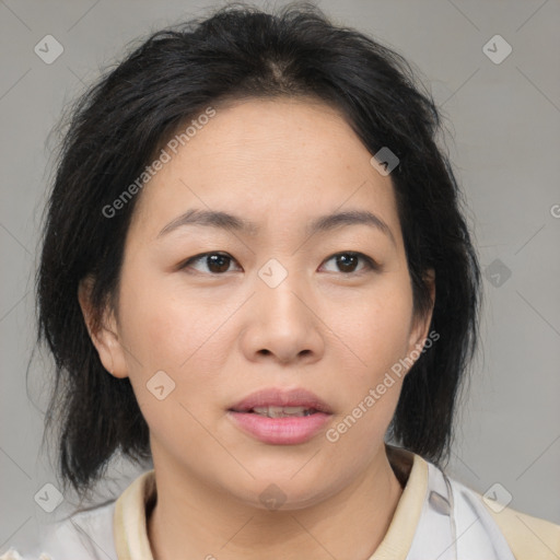 Neutral asian young-adult female with medium  brown hair and brown eyes