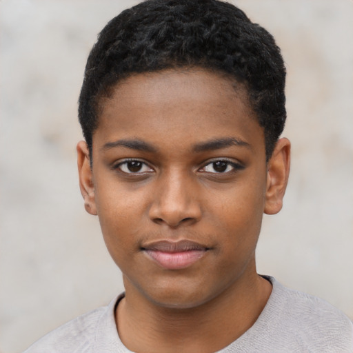 Neutral black young-adult female with short  black hair and brown eyes