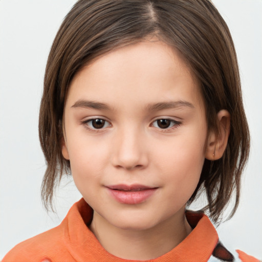 Joyful white child female with medium  brown hair and brown eyes