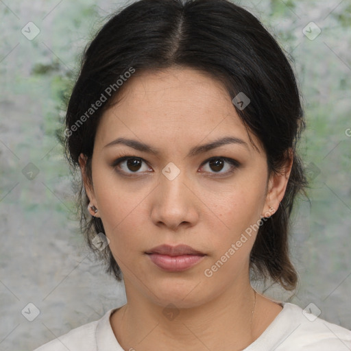 Neutral asian young-adult female with medium  brown hair and brown eyes