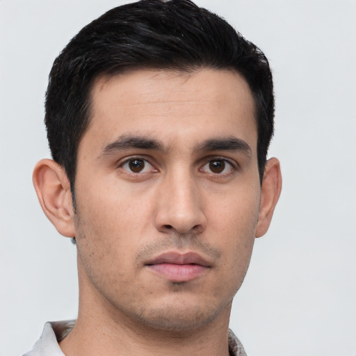 Neutral asian young-adult male with short  black hair and brown eyes