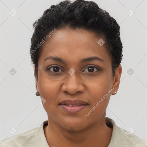 Joyful black adult female with short  black hair and brown eyes