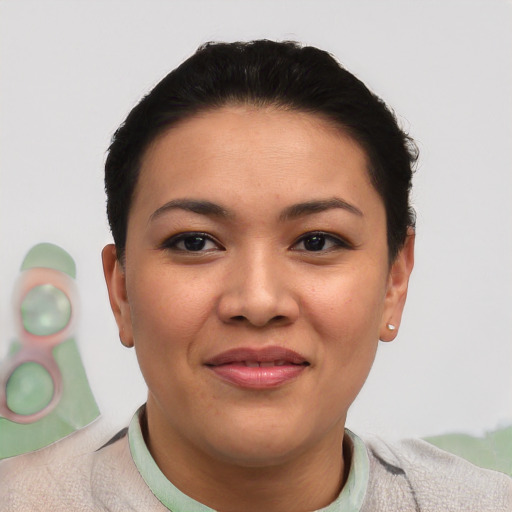 Joyful asian young-adult female with short  black hair and brown eyes