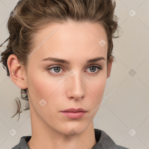 Neutral white young-adult female with medium  brown hair and grey eyes