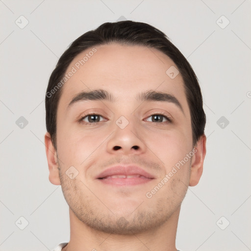 Neutral white young-adult male with short  brown hair and brown eyes