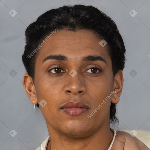 Joyful latino young-adult female with short  brown hair and brown eyes