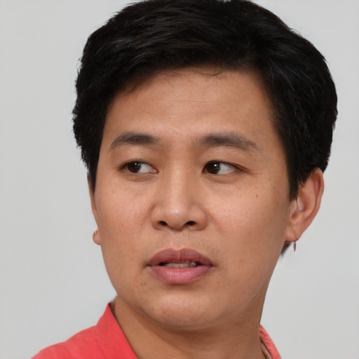 Neutral asian young-adult male with short  black hair and brown eyes