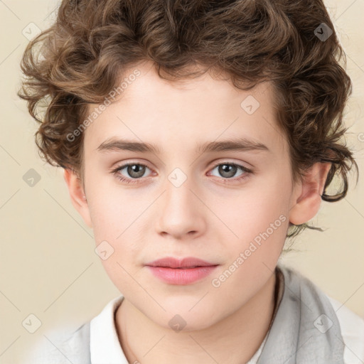 Joyful white child male with medium  brown hair and brown eyes