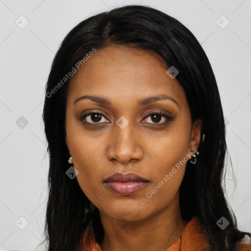 Neutral asian young-adult female with long  black hair and brown eyes